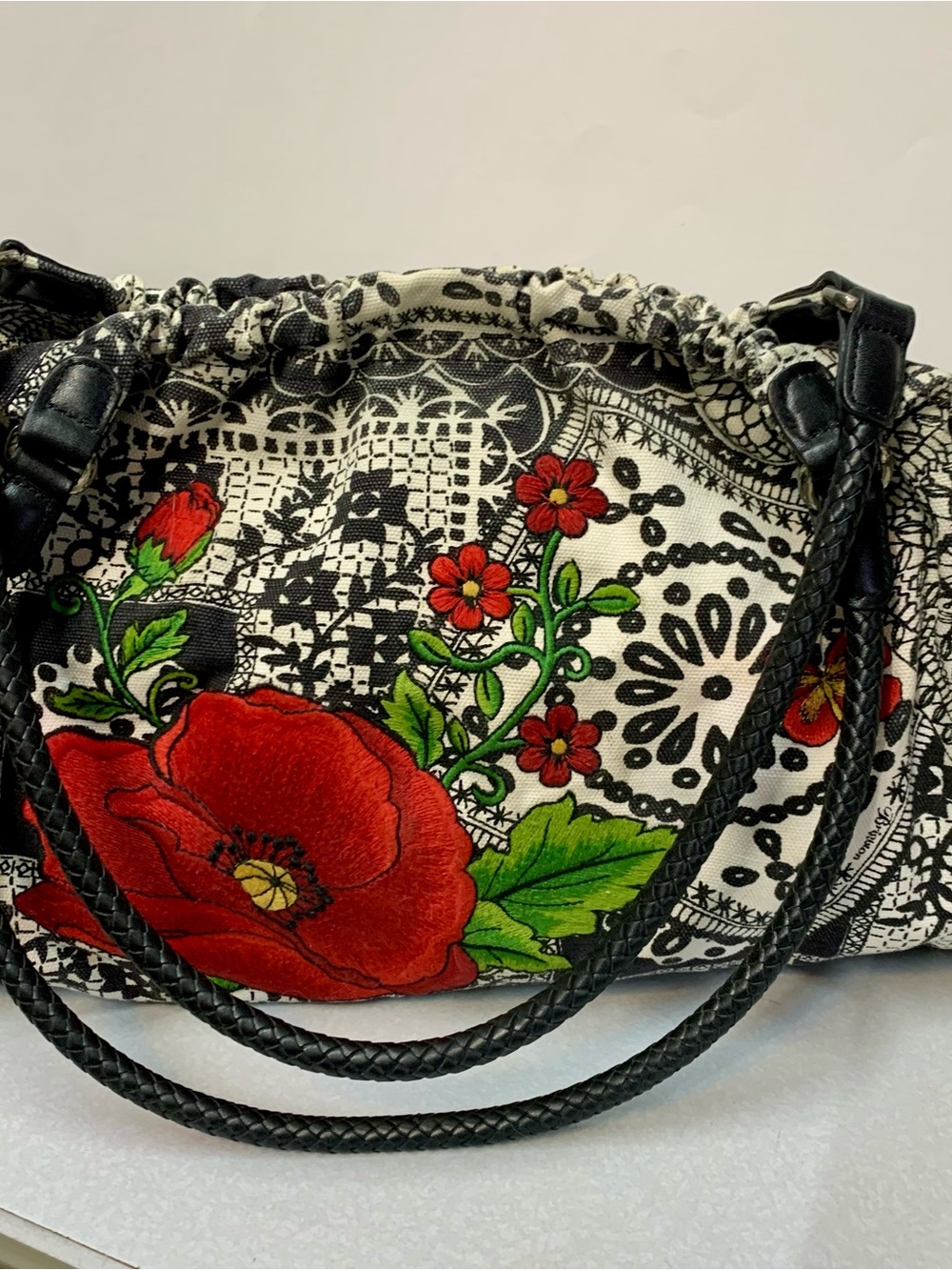 Brighton Vintage "Lea" Poppy Floral Canvas Hobo Shoulder Bag - PRISTINE!